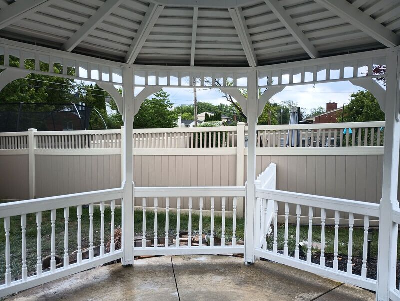 Freshly painted white gazebo ceiling rafters, finished detail
