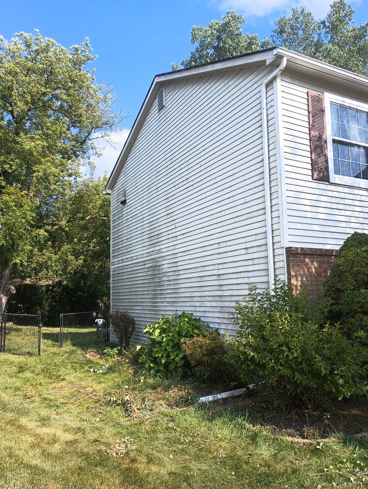 Siding before pressure washing, chalked and algae-stained